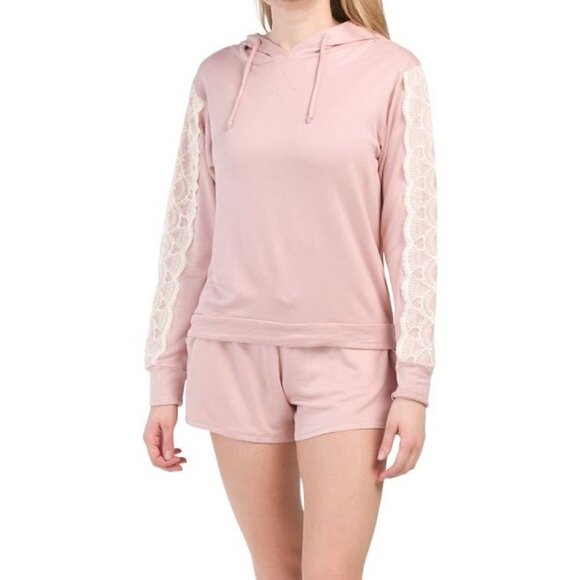 Flora Nikrooz Tops - Soft Cozy Comfy Pretty Hoodie Shorts Set Loungewear Lace Trim Pink Women Size L